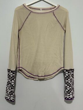 Free People Beige Long Sleeve Thermal Top with Patterned Cuffs